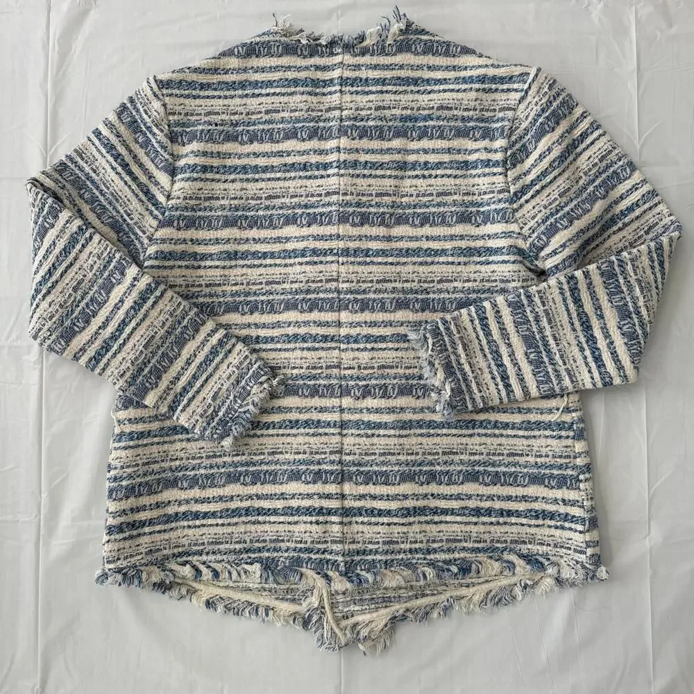 Lucky Brand tweed striped blue & cream open front fringed jacket size medium